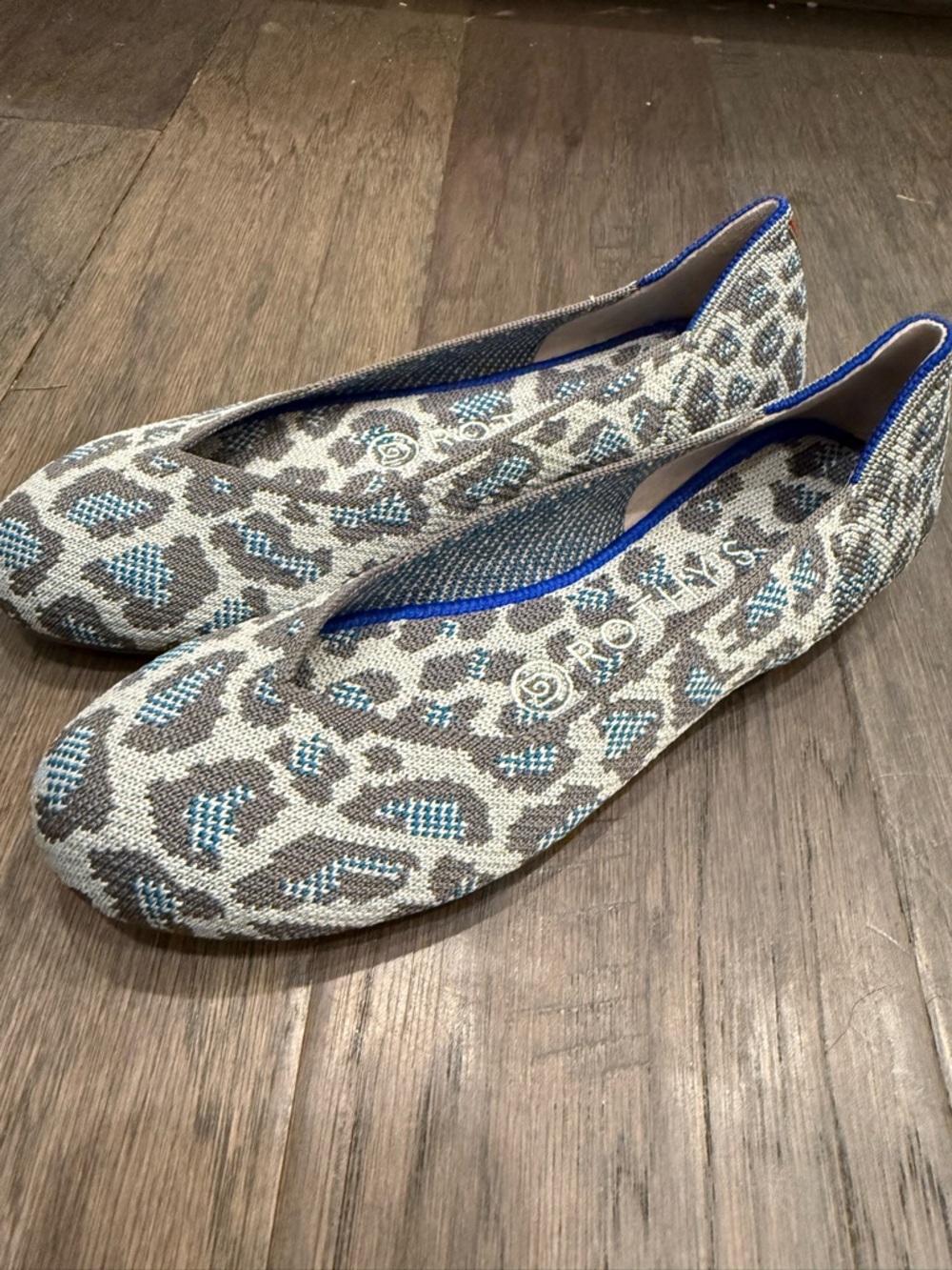✅NWOT Rothy’s Size 6 The Flat in Grey And Blue Cheetah